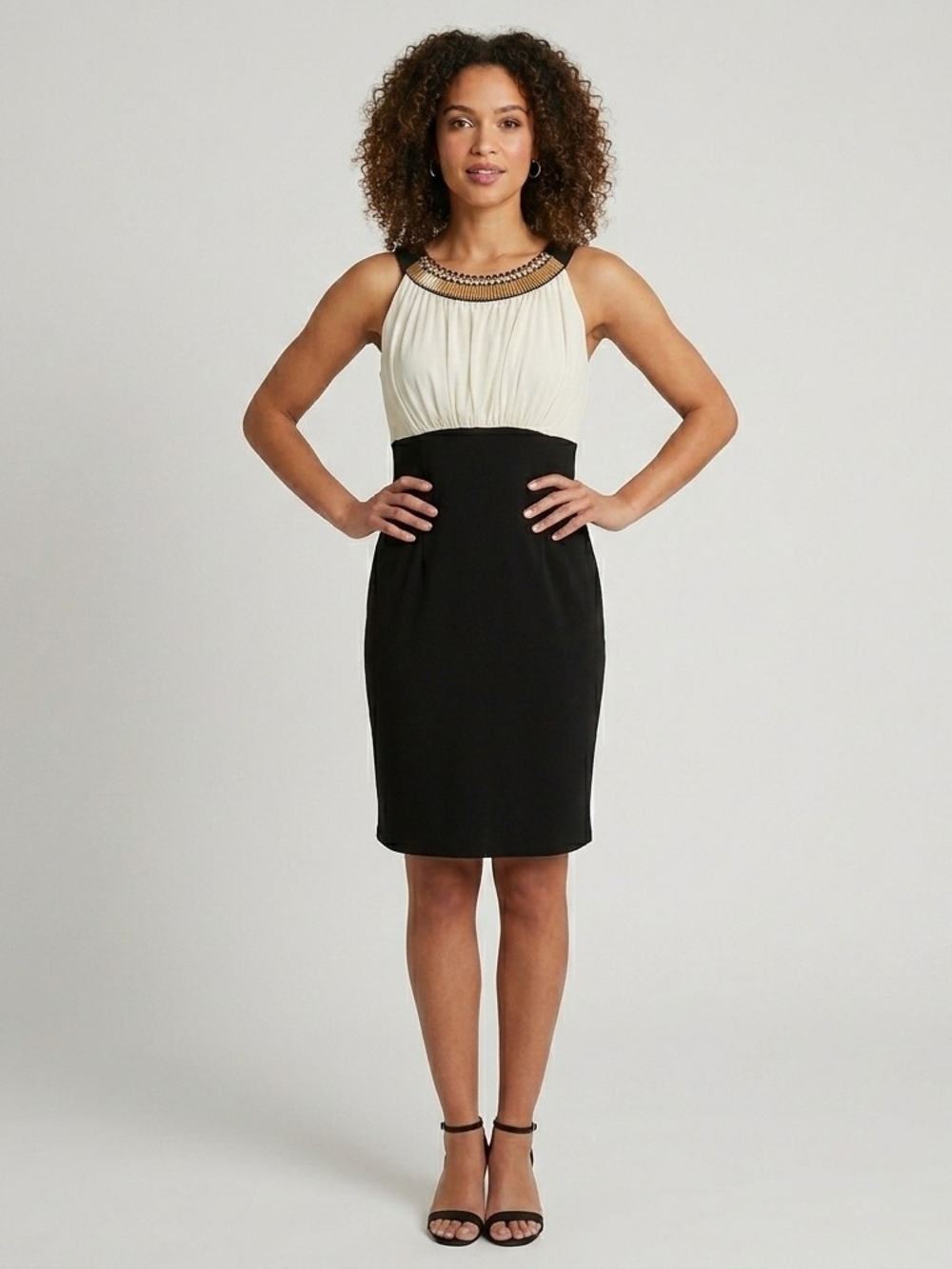 AA Studio AA Two-Tone Black and Cream Beaded Halter Midi Dress Size 8
